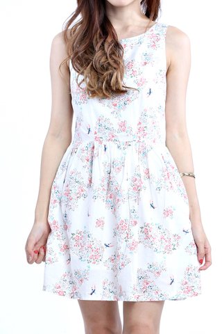 BACKORDER- BIRD AND FLORAL PRINTED DRESS  IN WHITE