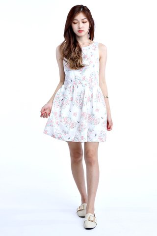 BACKORDER- BIRD AND FLORAL PRINTED DRESS  IN WHITE