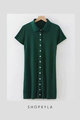 IN STOCK  - POLO COLLAR BUTTON DOWN DRESS IN GREEN